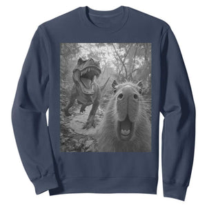 Funny Capybara Selfie With Dinosaur Meme Sweatshirt Animal Humor Gift TS12 Navy Print Your Wear