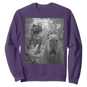 Funny Capybara Selfie With Dinosaur Meme Sweatshirt Animal Humor Gift TS12 Purple Print Your Wear