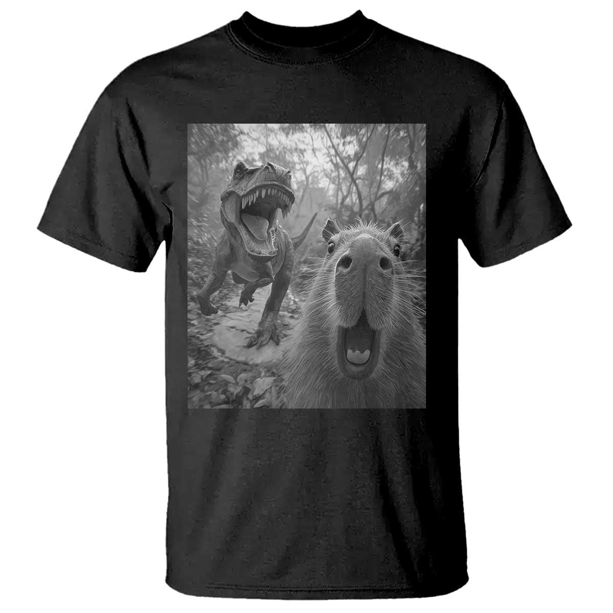 Funny Capybara Selfie With Dinosaur Meme T Shirt Animal Humor Gift TS12 Black Print Your Wear