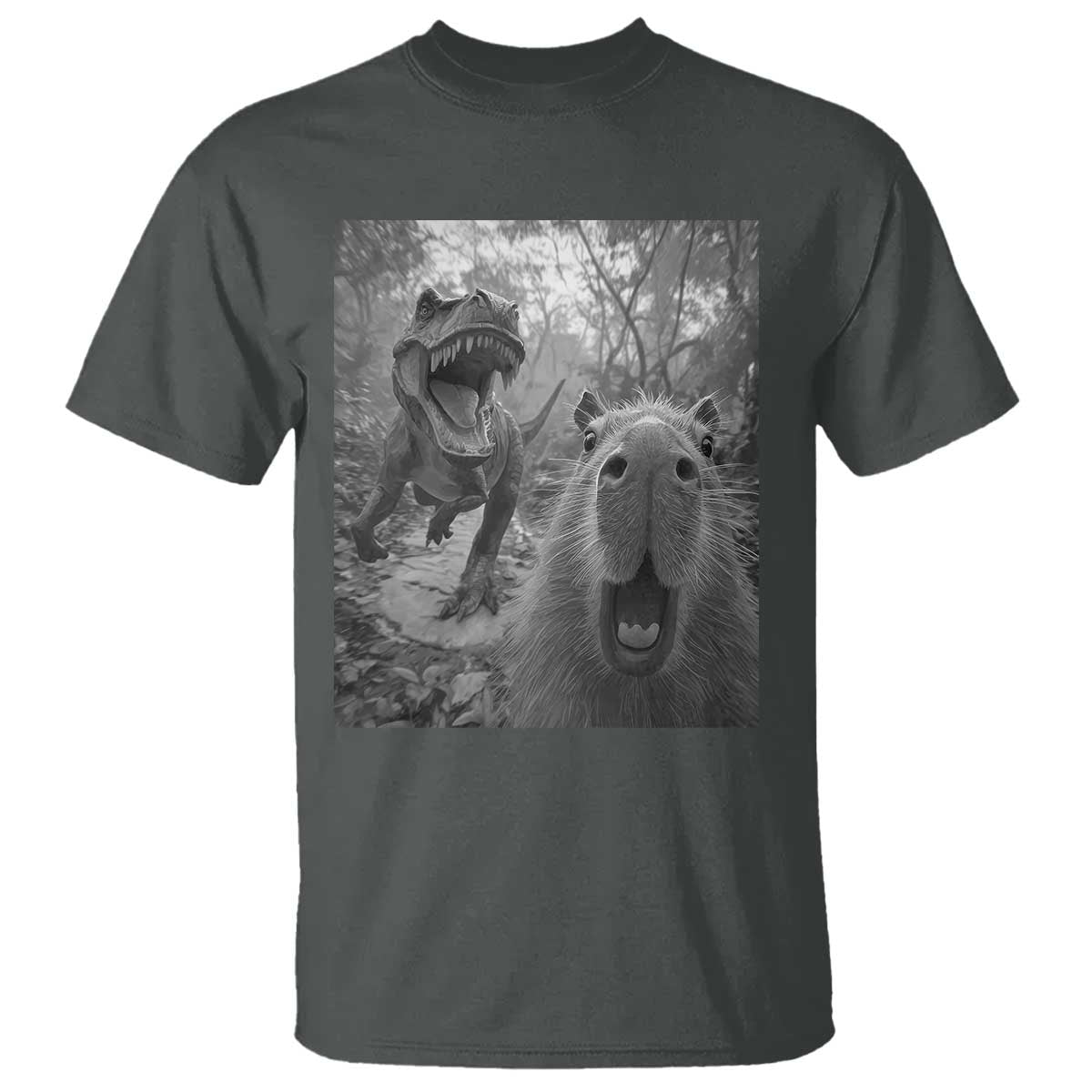 Funny Capybara Selfie With Dinosaur Meme T Shirt Animal Humor Gift TS12 Dark Heather Print Your Wear