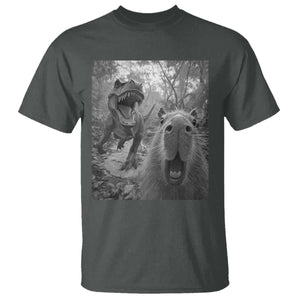 Funny Capybara Selfie With Dinosaur Meme T Shirt Animal Humor Gift TS12 Dark Heather Print Your Wear