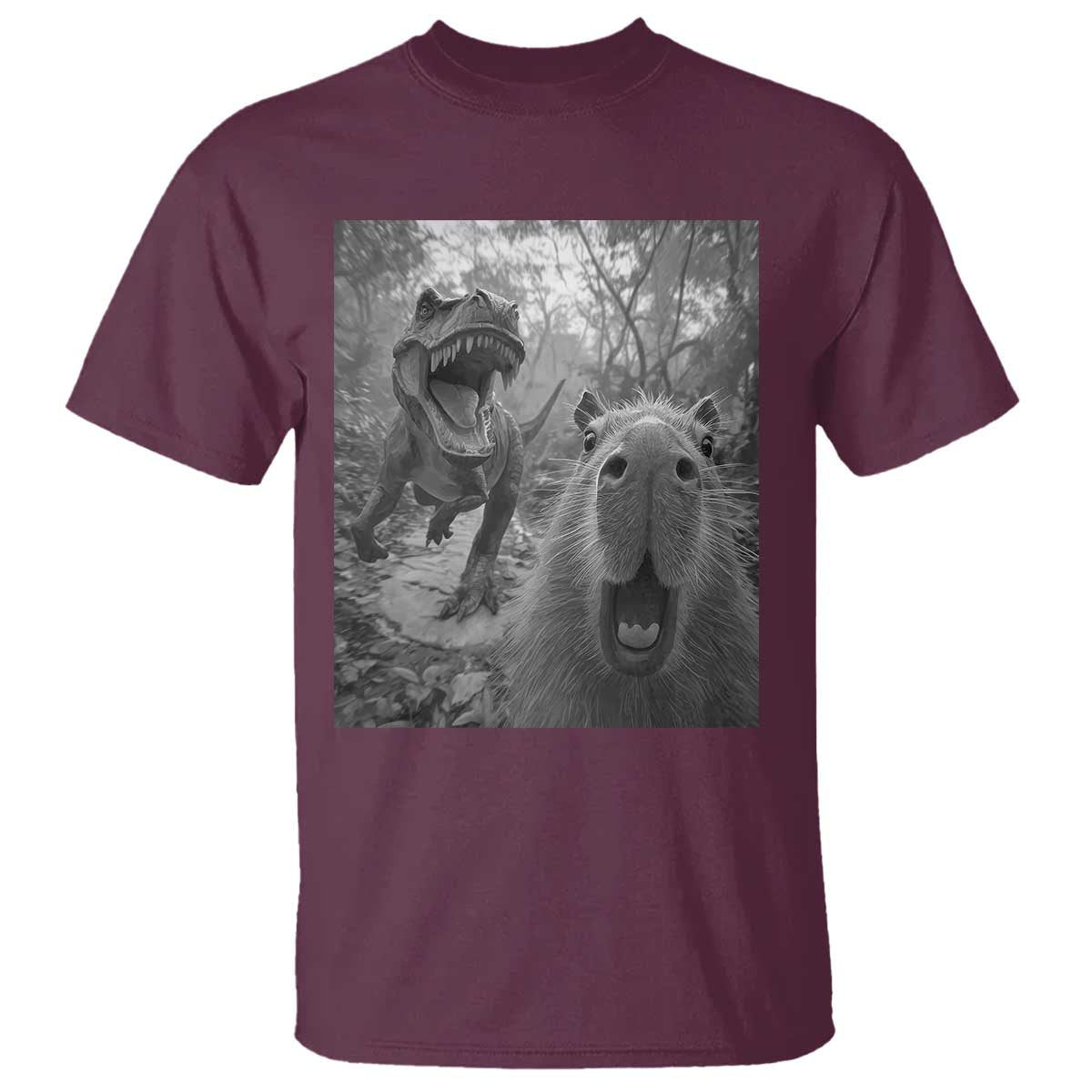 Funny Capybara Selfie With Dinosaur Meme T Shirt Animal Humor Gift TS12 Maroon Print Your Wear