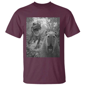 Funny Capybara Selfie With Dinosaur Meme T Shirt Animal Humor Gift TS12 Maroon Print Your Wear