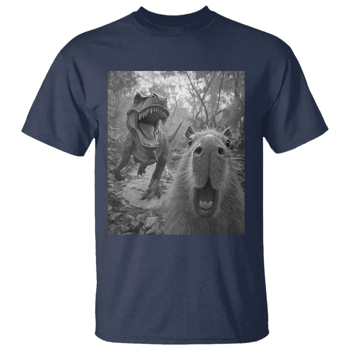 Funny Capybara Selfie With Dinosaur Meme T Shirt Animal Humor Gift TS12 Navy Print Your Wear