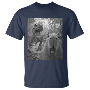 Funny Capybara Selfie With Dinosaur Meme T Shirt Animal Humor Gift TS12 Navy Print Your Wear