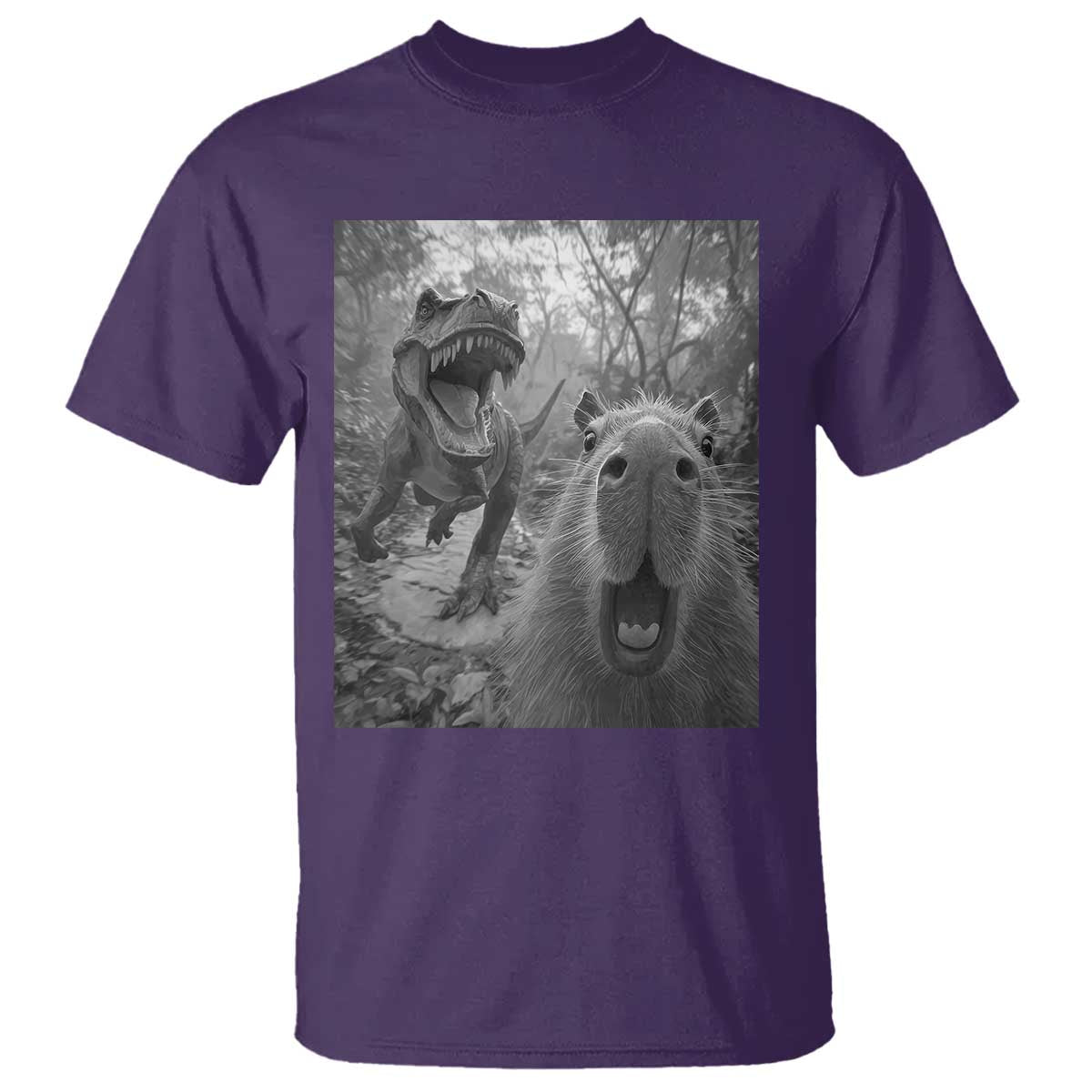 Funny Capybara Selfie With Dinosaur Meme T Shirt Animal Humor Gift TS12 Purple Print Your Wear