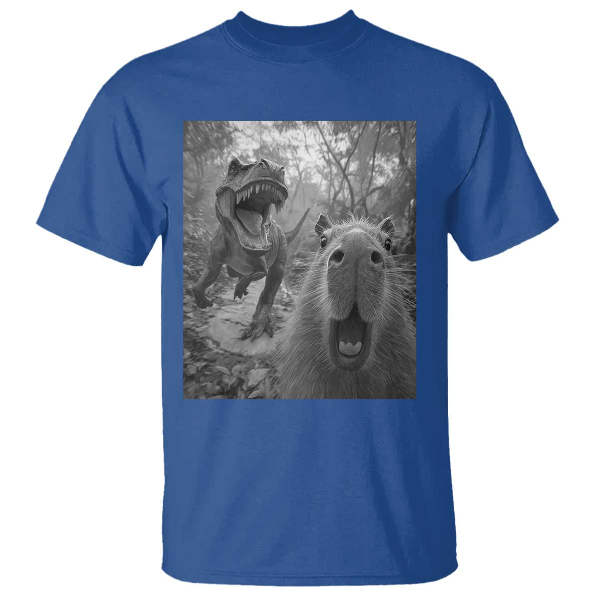 Funny Capybara Selfie With Dinosaur Meme T Shirt Animal Humor Gift TS12 Royal Blue Print Your Wear