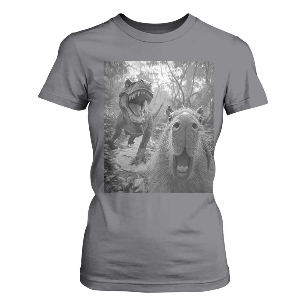 Funny Capybara Selfie With Dinosaur Meme T Shirt For Women Animal Humor Gift TS12 Charcoal Print Your Wear