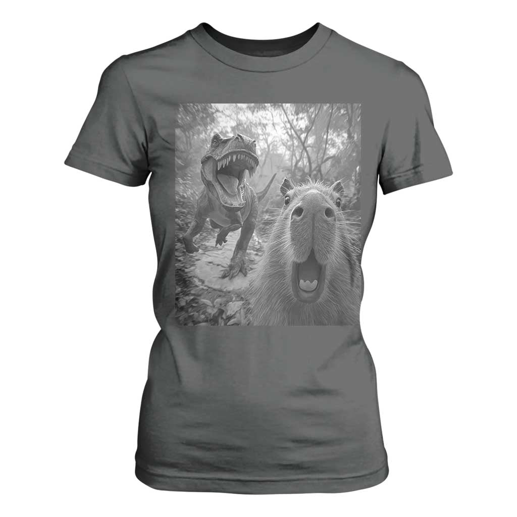 Funny Capybara Selfie With Dinosaur Meme T Shirt For Women Animal Humor Gift TS12 Dark Heather Print Your Wear