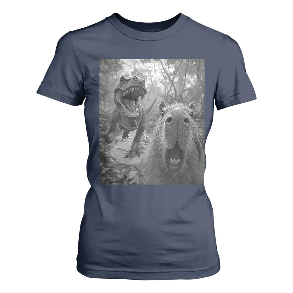 Funny Capybara Selfie With Dinosaur Meme T Shirt For Women Animal Humor Gift TS12 Navy Print Your Wear