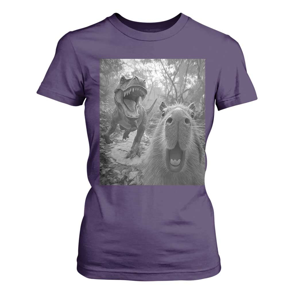 Funny Capybara Selfie With Dinosaur Meme T Shirt For Women Animal Humor Gift TS12 Purple Print Your Wear