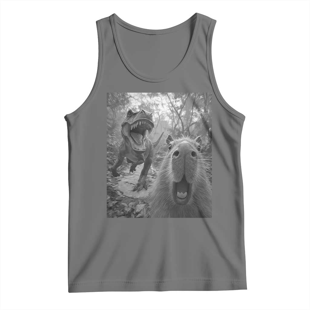 Funny Capybara Selfie With Dinosaur Meme Tank Top Animal Humor Gift TS12 Black Heather Print Your Wear
