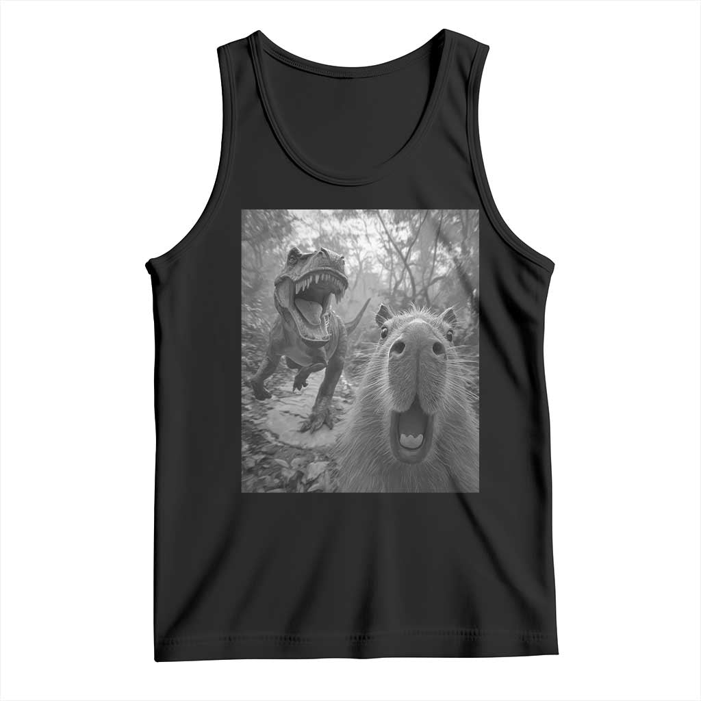 Funny Capybara Selfie With Dinosaur Meme Tank Top Animal Humor Gift TS12 Black Print Your Wear