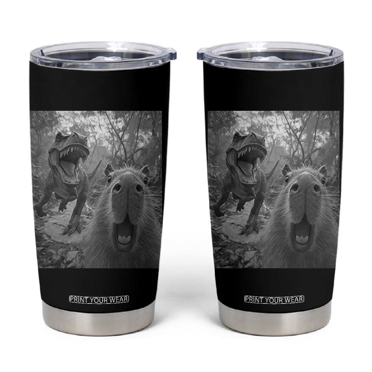 Funny Capybara Selfie With Dinosaur Meme Tumbler Cup Animal Humor Gift TS12 Black Print Your Wear