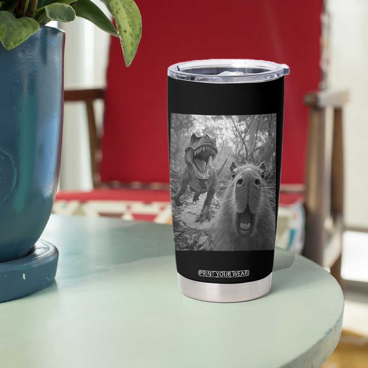 Funny Capybara Selfie With Dinosaur Meme Tumbler Cup Animal Humor Gift TS12 Print Your Wear