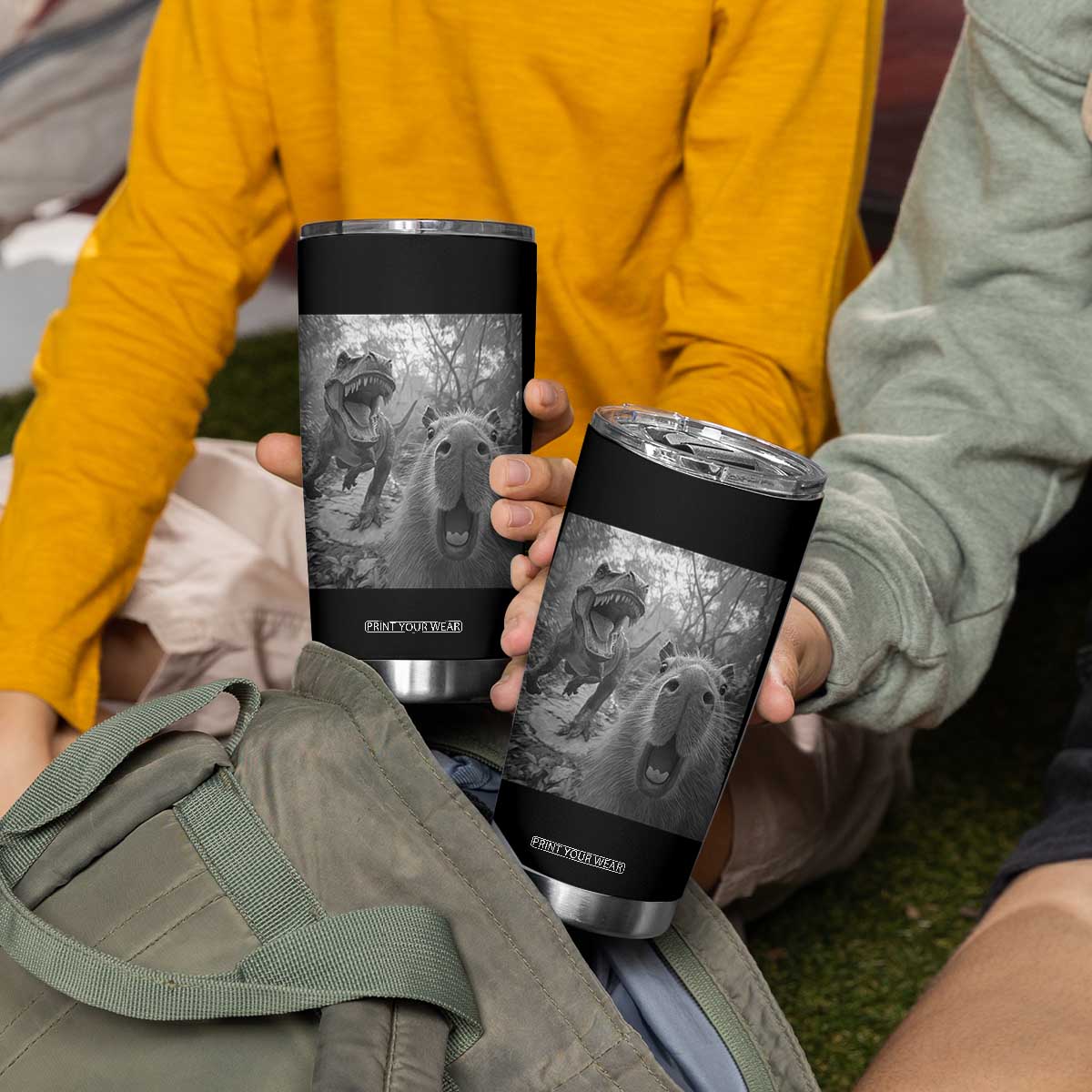 Funny Capybara Selfie With Dinosaur Meme Tumbler Cup Animal Humor Gift TS12 Print Your Wear