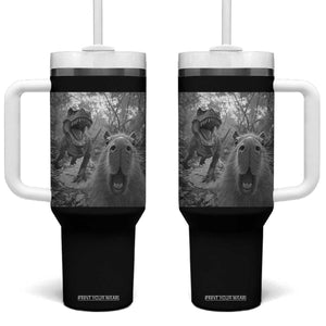 Funny Capybara Selfie With Dinosaur Meme Tumbler With Handle Animal Humor Gift TS12 One Size: 40 oz Black Print Your Wear
