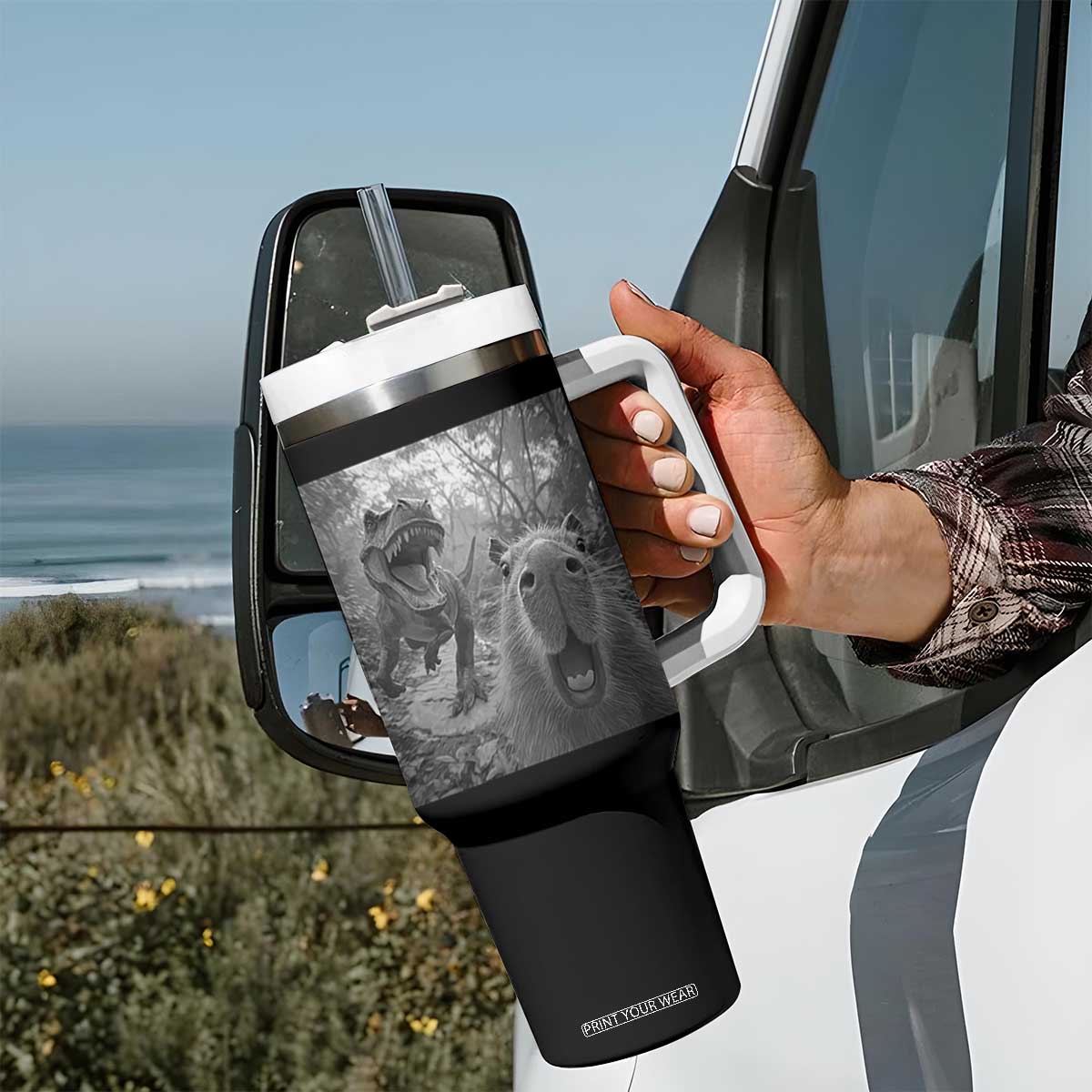 Funny Capybara Selfie With Dinosaur Meme Tumbler With Handle Animal Humor Gift TS12 Print Your Wear