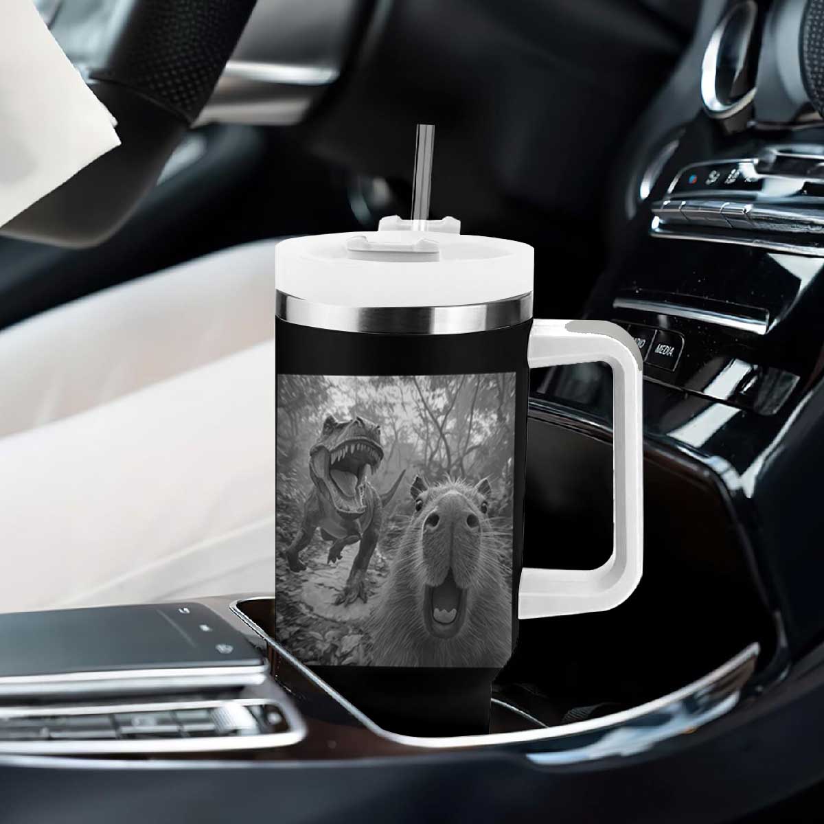 Funny Capybara Selfie With Dinosaur Meme Tumbler With Handle Animal Humor Gift TS12 Print Your Wear