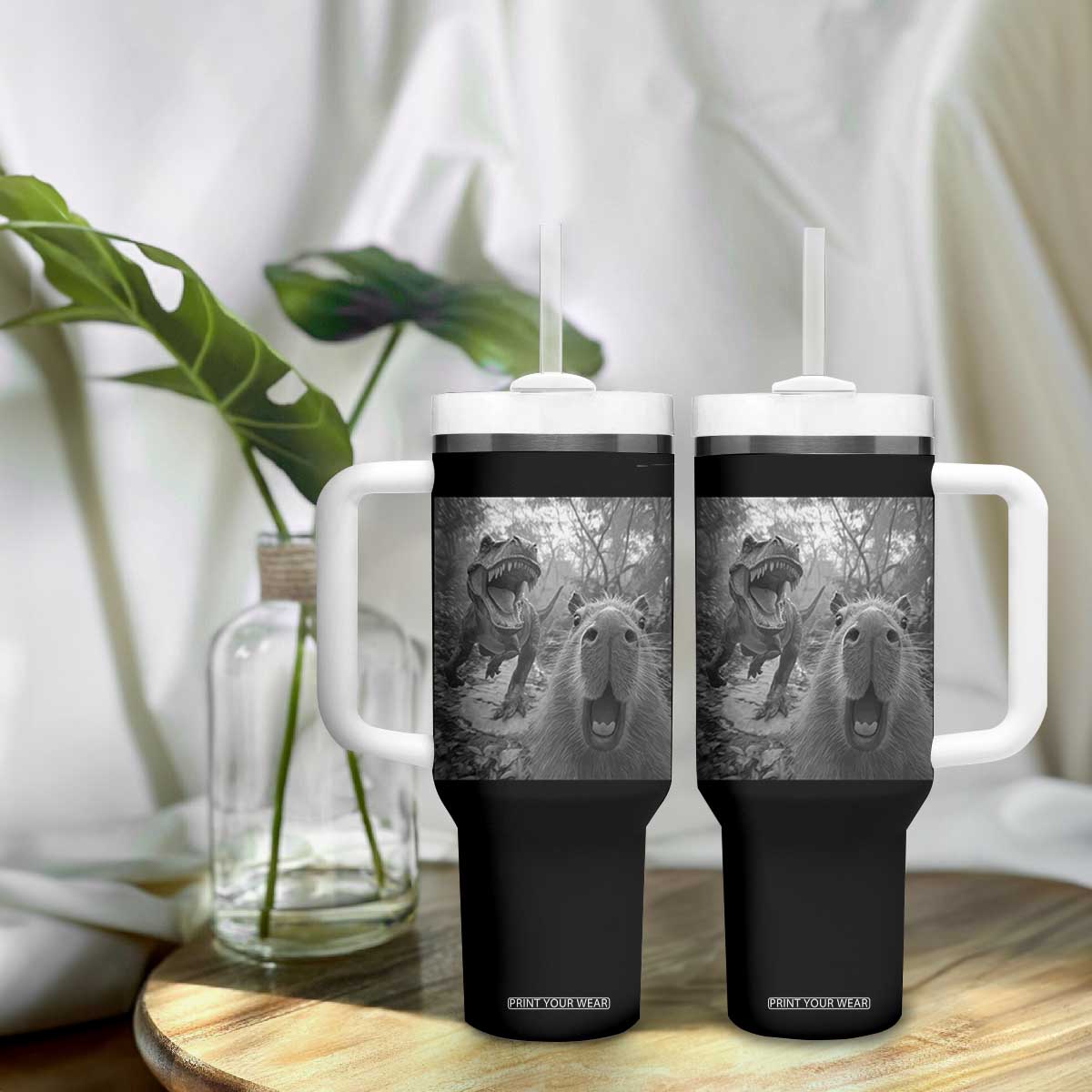 Funny Capybara Selfie With Dinosaur Meme Tumbler With Handle Animal Humor Gift TS12 Print Your Wear