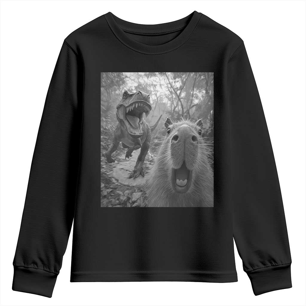 Funny Capybara Selfie With Dinosaur Meme Youth Sweatshirt Animal Humor Gift TS12 Black Print Your Wear