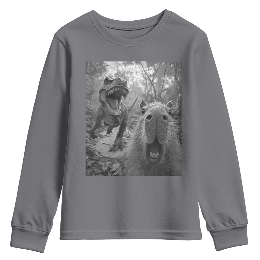 Funny Capybara Selfie With Dinosaur Meme Youth Sweatshirt Animal Humor Gift TS12 Charcoal Print Your Wear