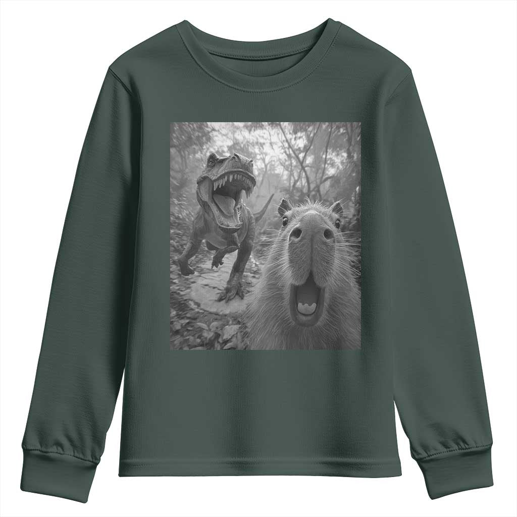 Funny Capybara Selfie With Dinosaur Meme Youth Sweatshirt Animal Humor Gift TS12 Dark Forest Green Print Your Wear
