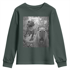 Funny Capybara Selfie With Dinosaur Meme Youth Sweatshirt Animal Humor Gift TS12 Dark Forest Green Print Your Wear