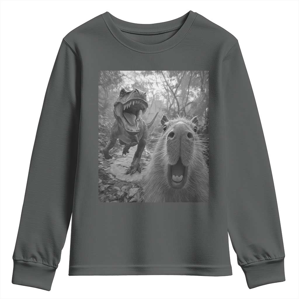 Funny Capybara Selfie With Dinosaur Meme Youth Sweatshirt Animal Humor Gift TS12 Dark Heather Print Your Wear