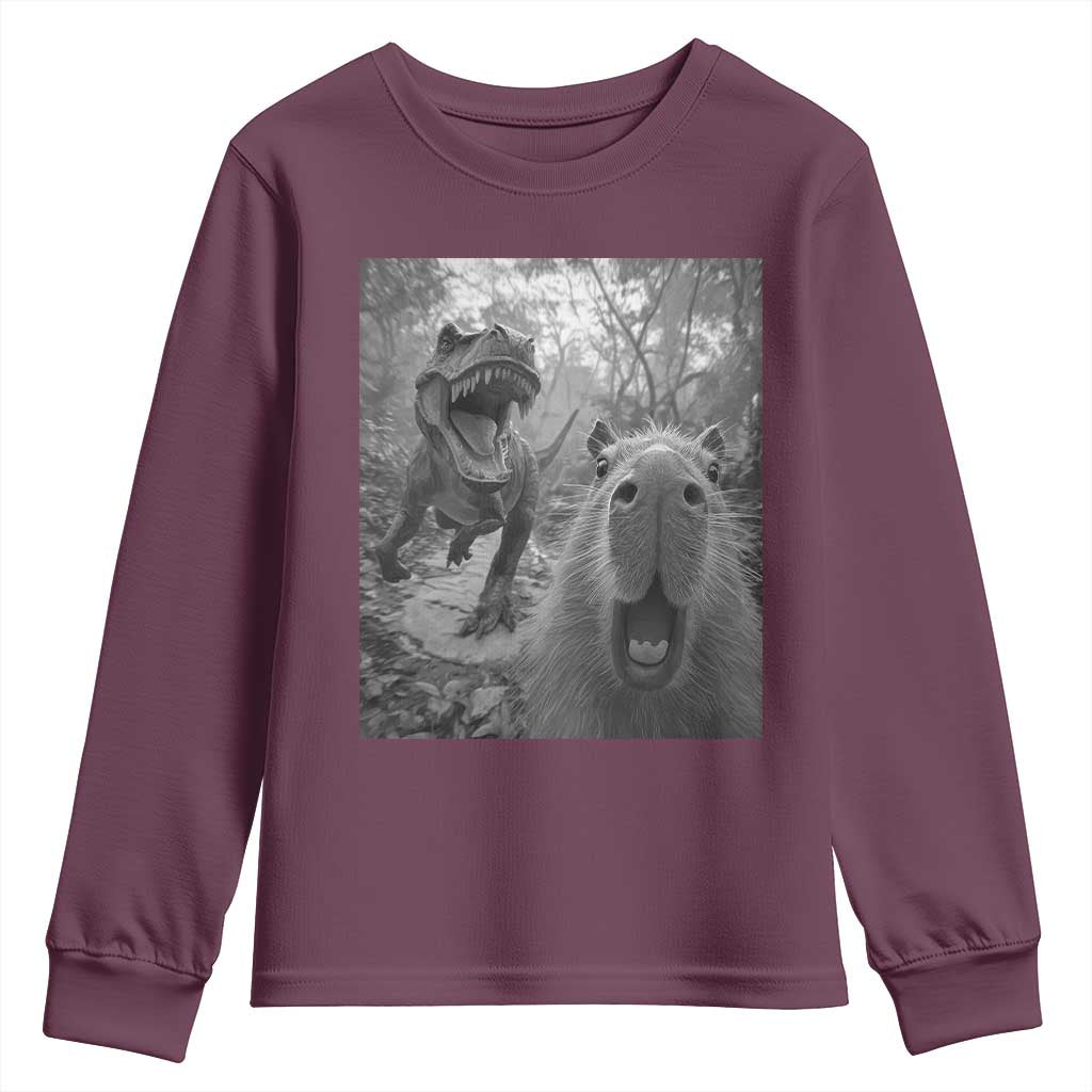 Funny Capybara Selfie With Dinosaur Meme Youth Sweatshirt Animal Humor Gift TS12 Maroon Print Your Wear