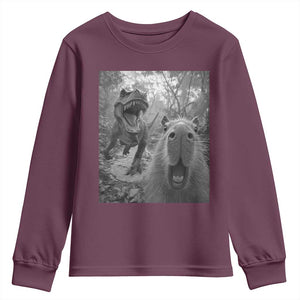 Funny Capybara Selfie With Dinosaur Meme Youth Sweatshirt Animal Humor Gift TS12 Maroon Print Your Wear