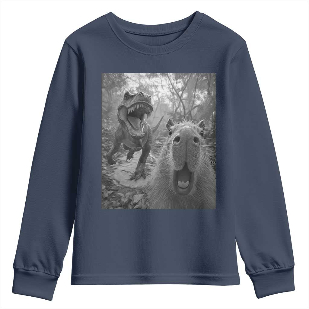 Funny Capybara Selfie With Dinosaur Meme Youth Sweatshirt Animal Humor Gift TS12 Navy Print Your Wear