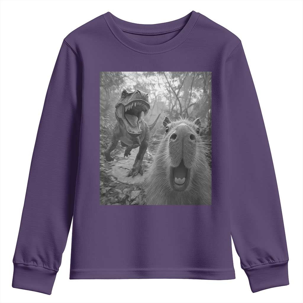 Funny Capybara Selfie With Dinosaur Meme Youth Sweatshirt Animal Humor Gift TS12 Purple Print Your Wear