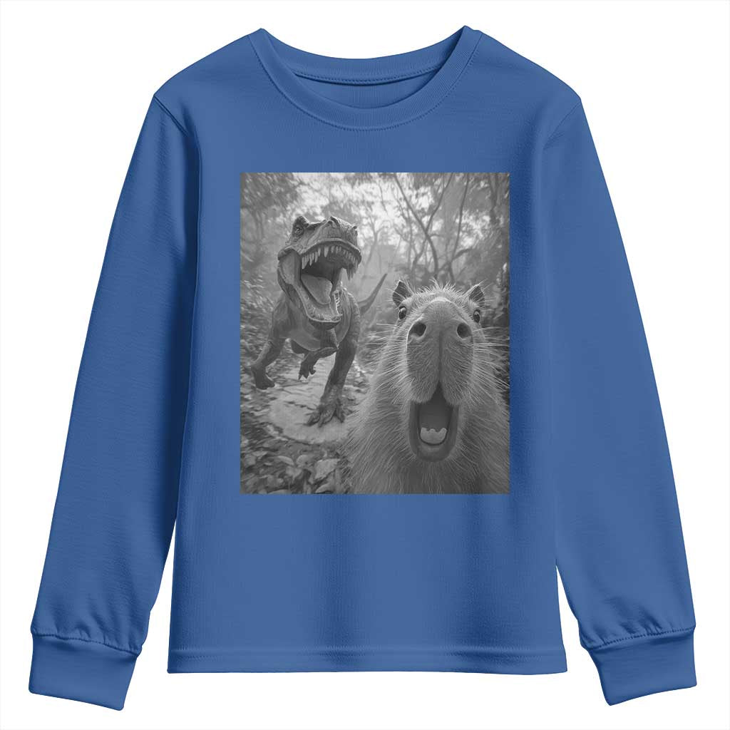 Funny Capybara Selfie With Dinosaur Meme Youth Sweatshirt Animal Humor Gift TS12 Royal Blue Print Your Wear