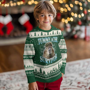 Tummy Ache Survivor Ugly Christmas Sweater Funny Capybara Meme For Animal Lover TS12 Forest Green Beige Print Your Wear