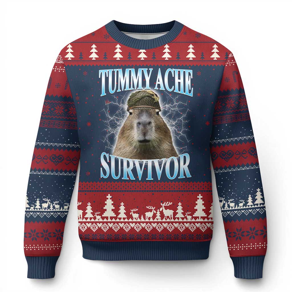 Tummy Ache Survivor Ugly Christmas Sweater Funny Capybara Meme For Animal Lover TS12 Navy Red Print Your Wear