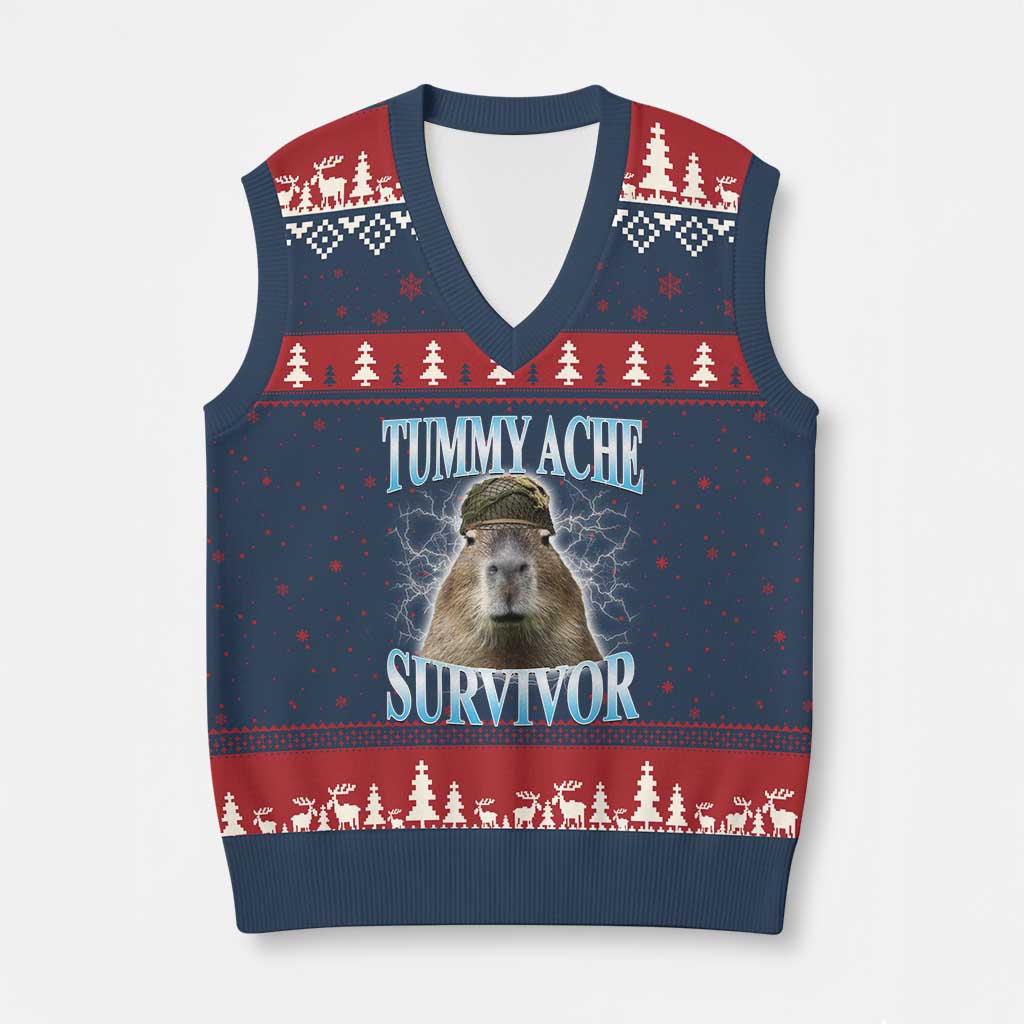 Tummy Ache Survivor V-Neck Knit Sweater Vest Funny Capybara Meme For Animal Lover TS12 Navy Red Print Your Wear
