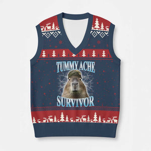 Tummy Ache Survivor V-Neck Knit Sweater Vest Funny Capybara Meme For Animal Lover TS12 Navy Red Print Your Wear