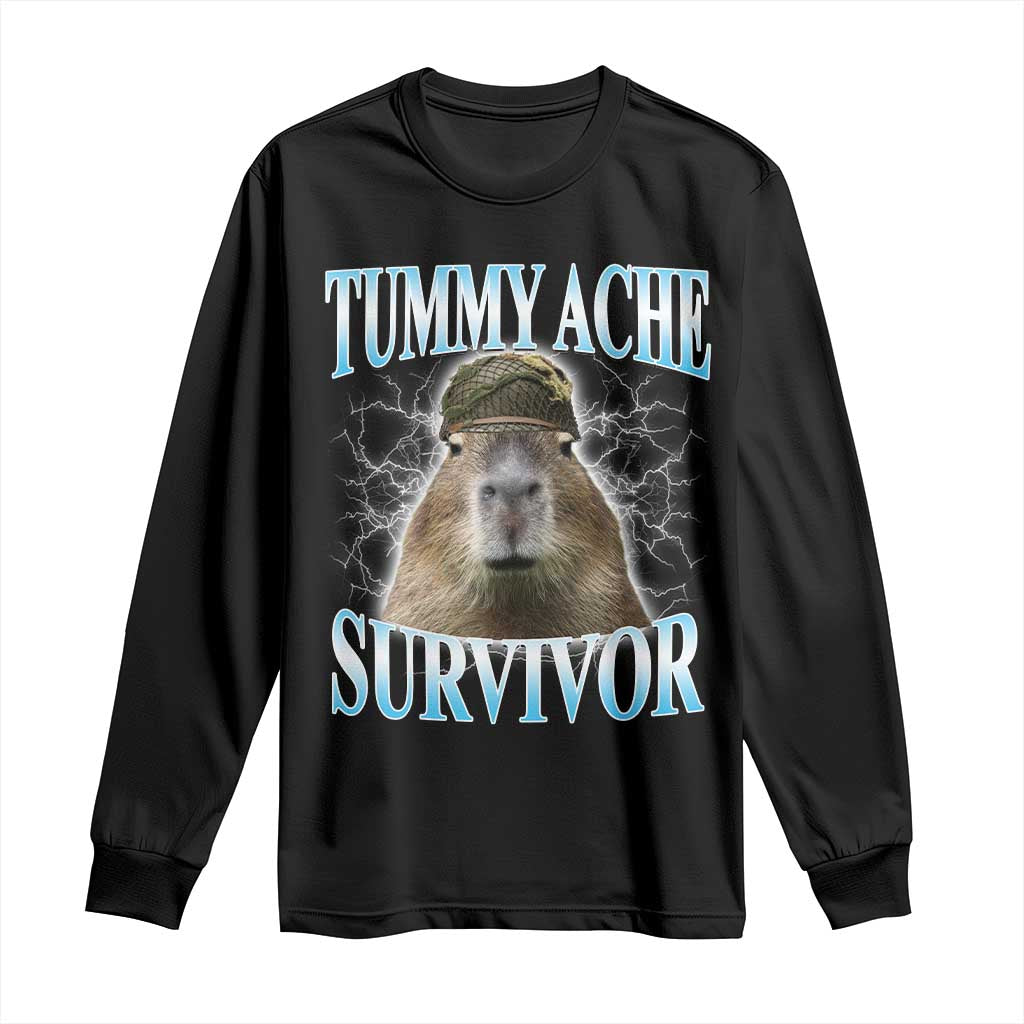 Tummy Ache Survivor Long Sleeve Shirt Funny Capybara Meme For Animal Lover TS12 Black Print Your Wear
