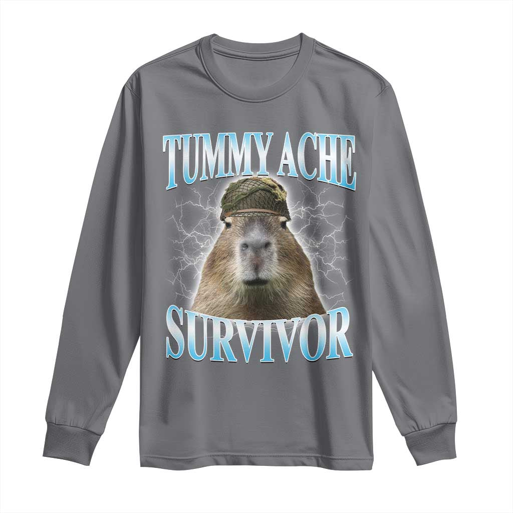 Tummy Ache Survivor Long Sleeve Shirt Funny Capybara Meme For Animal Lover TS12 Charcoal Print Your Wear