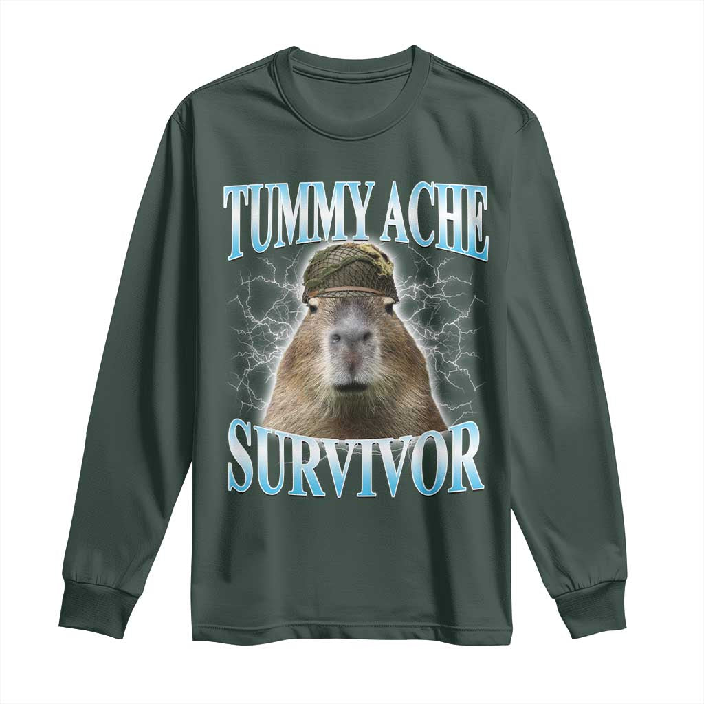 Tummy Ache Survivor Long Sleeve Shirt Funny Capybara Meme For Animal Lover TS12 Dark Forest Green Print Your Wear
