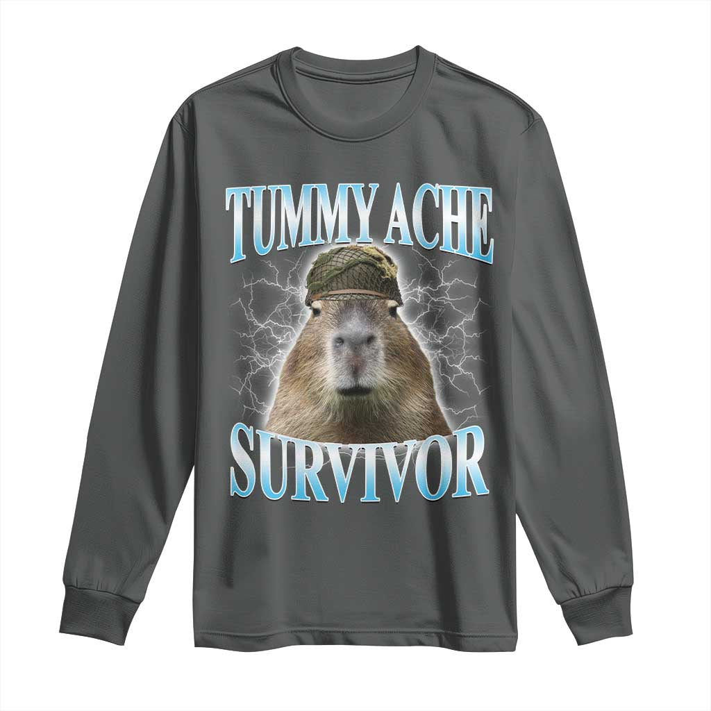 Tummy Ache Survivor Long Sleeve Shirt Funny Capybara Meme For Animal Lover TS12 Dark Heather Print Your Wear