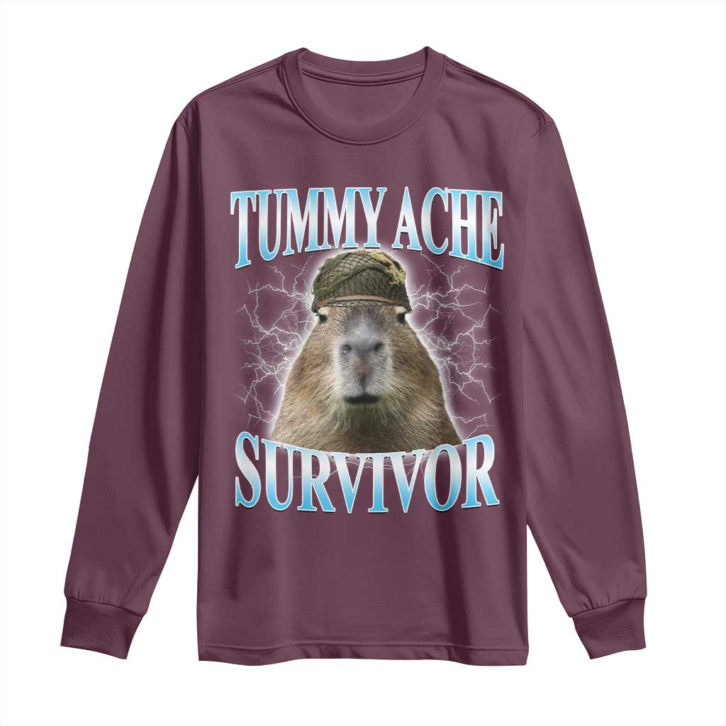 Tummy Ache Survivor Long Sleeve Shirt Funny Capybara Meme For Animal Lover TS12 Maroon Print Your Wear
