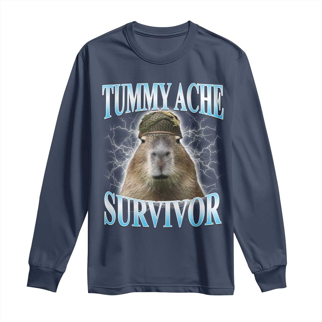Tummy Ache Survivor Long Sleeve Shirt Funny Capybara Meme For Animal Lover TS12 Navy Print Your Wear