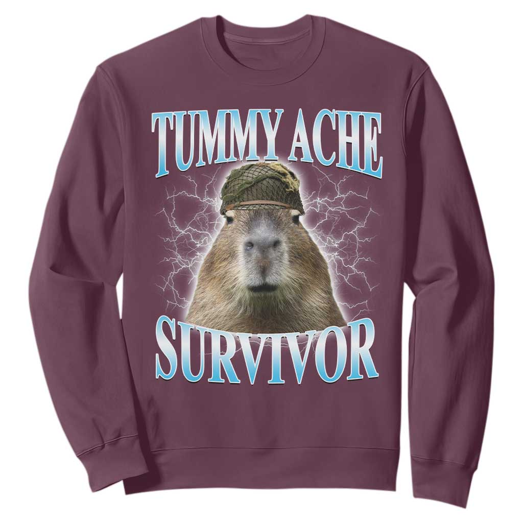 Tummy Ache Survivor Sweatshirt Funny Capybara Meme For Animal Lover TS12 Maroon Print Your Wear
