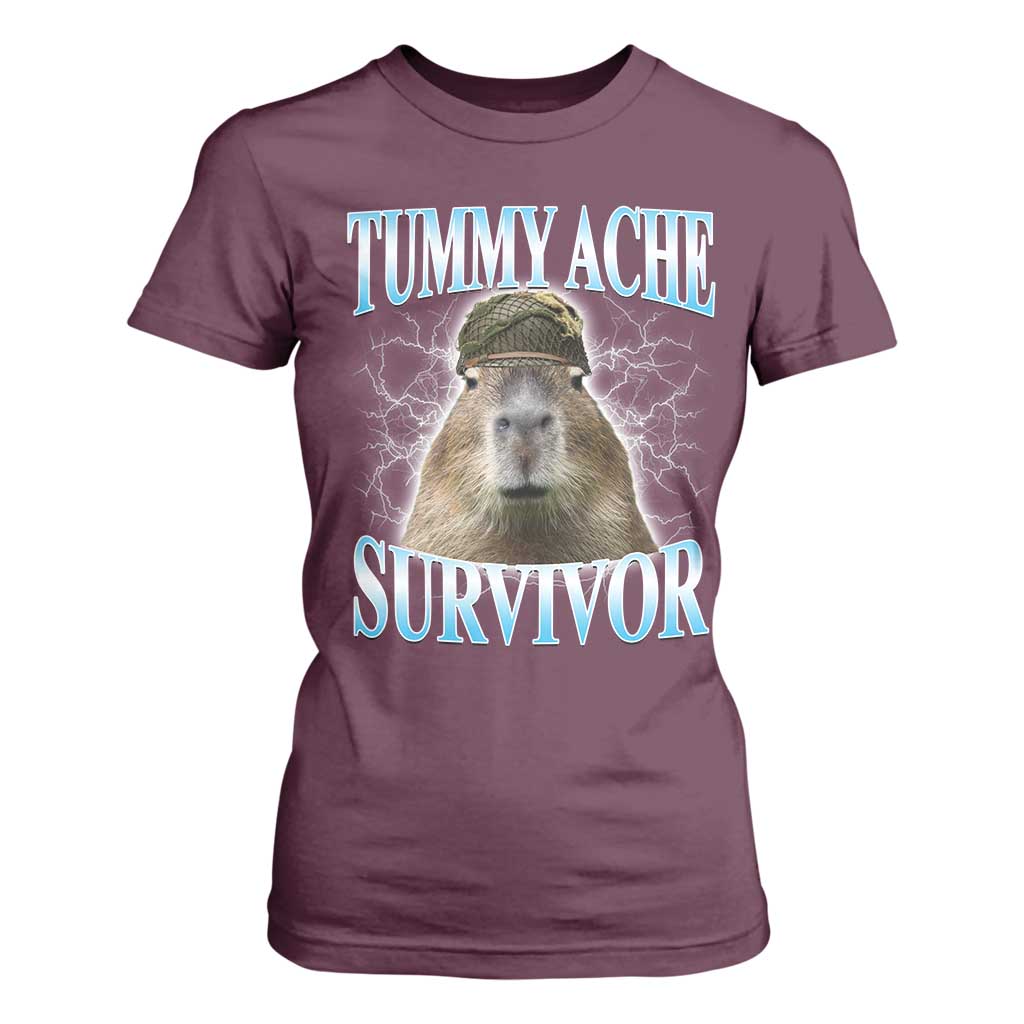 Tummy Ache Survivor T Shirt For Women Funny Capybara Meme For Animal Lover TS12 Maroon Print Your Wear