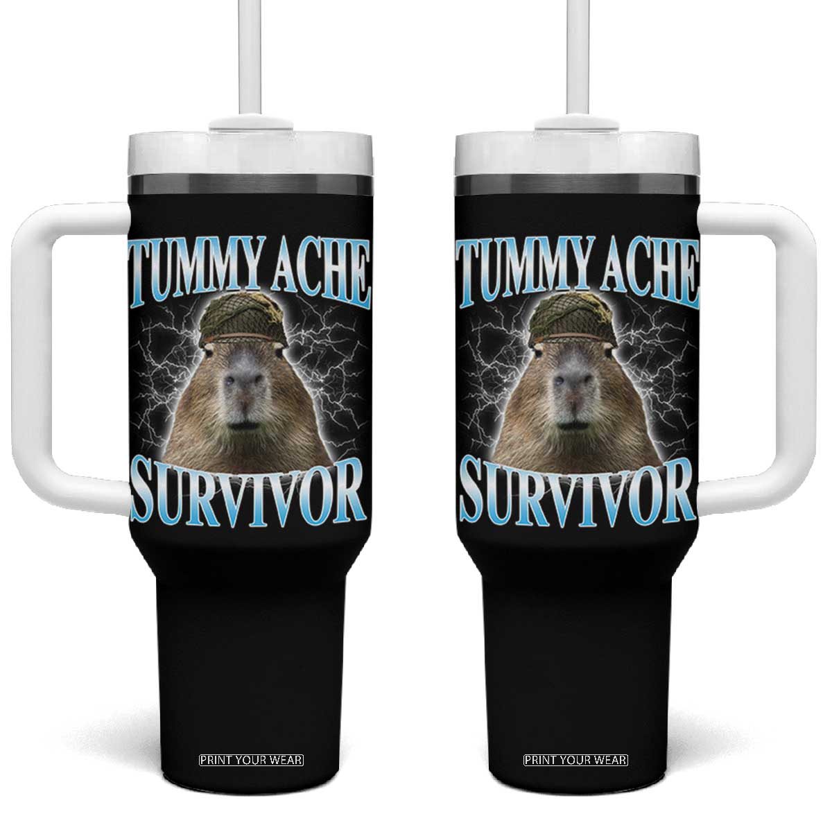 Tummy Ache Survivor Tumbler With Handle Funny Capybara Meme For Animal Lover TS12 One Size: 40 oz Black Print Your Wear