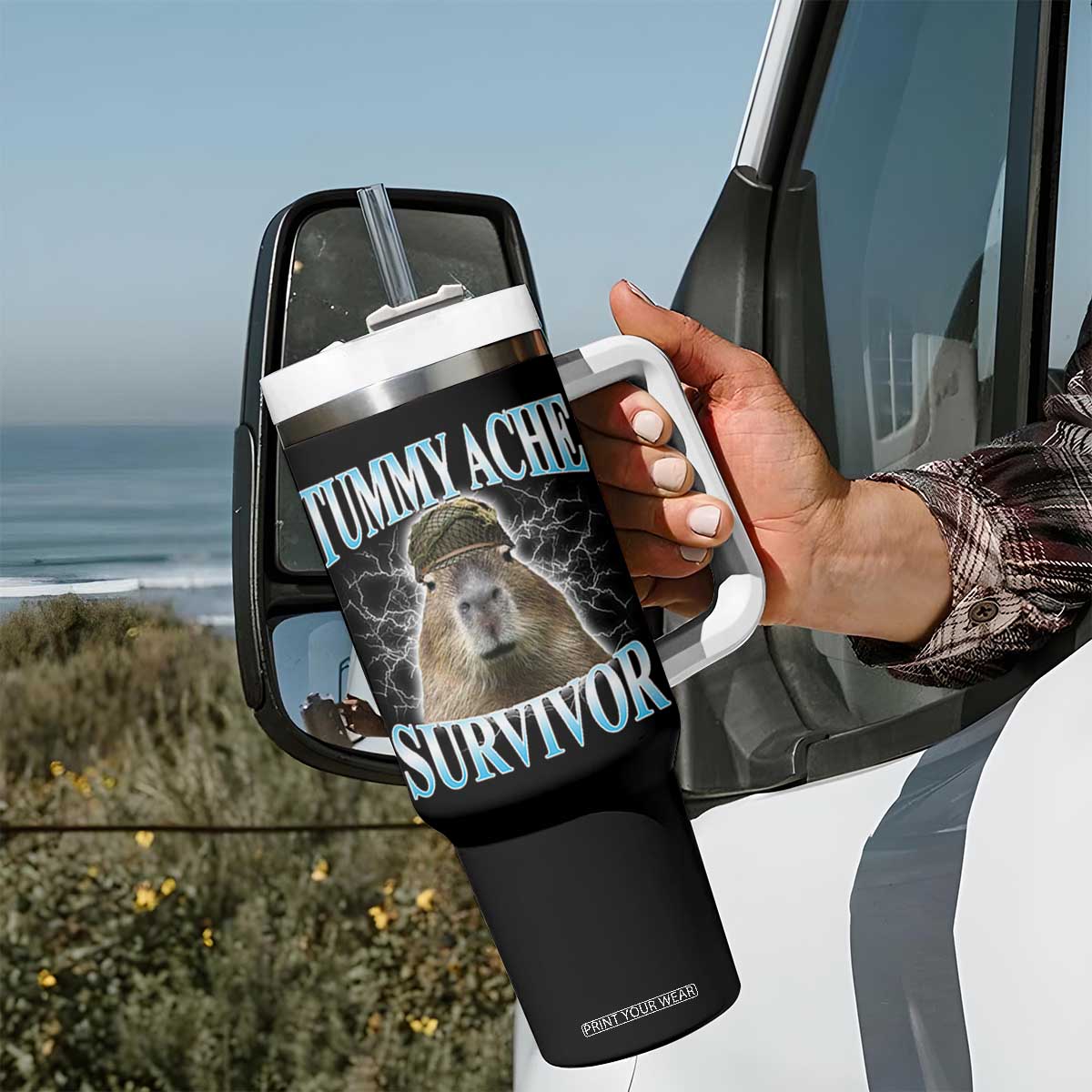 Tummy Ache Survivor Tumbler With Handle Funny Capybara Meme For Animal Lover TS12 Print Your Wear