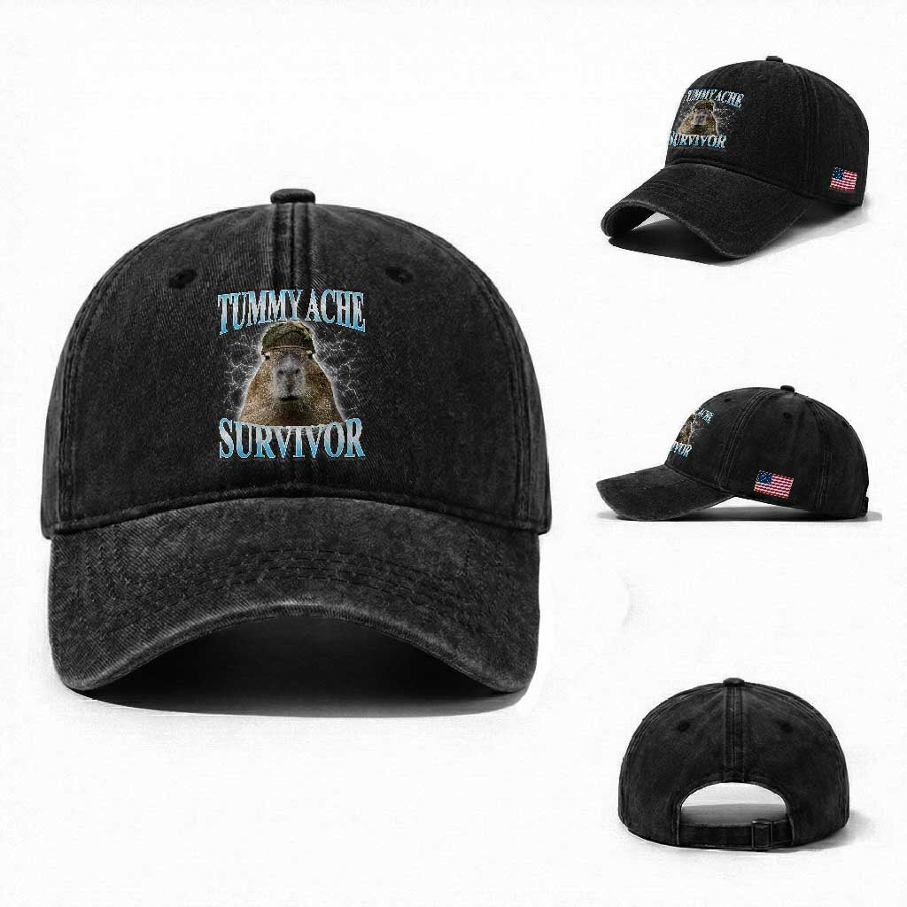 Tummy Ache Survivor Washed Cotton Baseball Cap Funny Capybara Meme For Animal Lover TS12 Washed Cap Universal Fit Black Print Your Wear