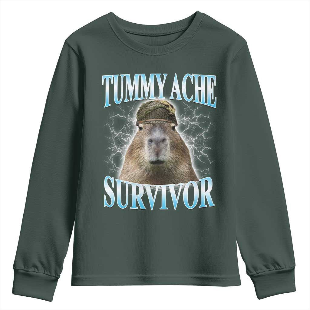 Tummy Ache Survivor Youth Sweatshirt Funny Capybara Meme For Animal Lover TS12 Dark Forest Green Print Your Wear